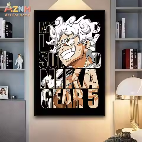 AZNM One Piece Monkey D Luffy Gear 5 Sun God Nika Anime Frameless Canvas Wall Art, Cool Typography M