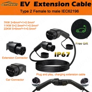 Type2 EV Extension Cable Male to Female Plug 7KW 11KW 22KW IEC62196 Extend the EV Charger with cable