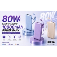 10000mAh Power Bank 80W Fast Charging PD35W Built-in Cable Portable Mini Powerbank