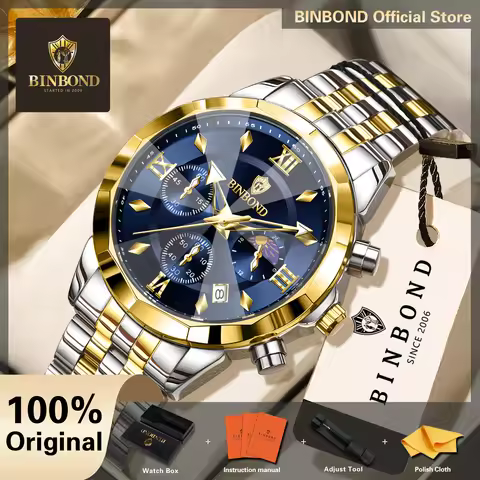 BINBOND Original Chronograph Men's Watch Quartz Watches For Men Luxury Luminous Waterproof Reloj Fes