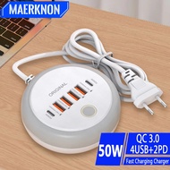 Creative Round 50W PD Charger 6 Ports USB Type C Phone Charger Adapter With Touch LED Light For iPho