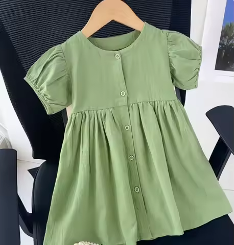 kids Clothes Short Sleeve Green Dress Top Cotton Dresses