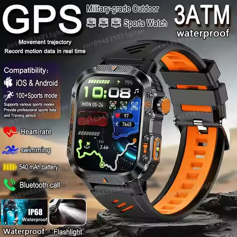 2026 New Military-grade Smart Watch Men GPS Flashlight 3ATM Waterproof Watch Bluetooth Call 100+Spor