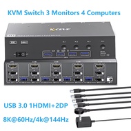 KVM Switch 3 Monitors 4/3 Computers HDMI+DisplayPort, KCEVE USB3.0 8K@60Hz/4k@144Hz KVM for 3/4 PC S