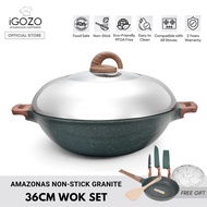 iGOZO Amazonas Non Stick Granite 36cm Wok 24cm Frying Pan Cookware Set Kuali Periuk Batu Granite Ori