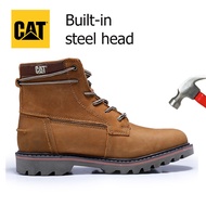 Caterpillar รองเท้าหนังวัวแท้ CAT รองเท้าบู๊ตสูงรองเท้าวินเทจหัวเหล็กป้องกันการทุบรองเท้าความปลอดภัย