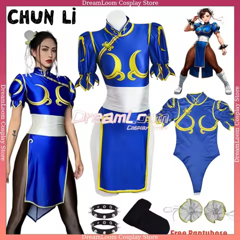 Women's Street Fighter Chun Li Cosplay Costume Game Fighter Chunli Blue Cheongsam with Headdress and