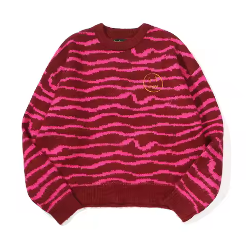 Drew House Tiger Stripe Knit Sweater Men Women Pink Striped Crew Neck Jumper Classic Smiley Embroide