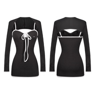 Set váy nữ hai dây và áo khoác ngoài DKMV thiết kế thắt nơ ngực kèm phối viền tương phản đáng yêu Eu