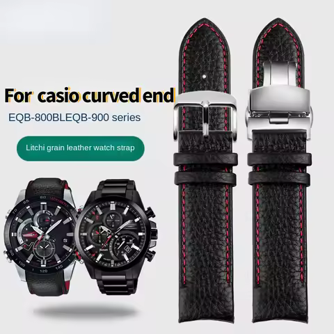 High quality Curved end Litchi grain cowhide watchband For Casio EDIFICE EQB-800BL EQB500 EQB501 EQB