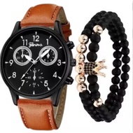 Men Quartz Watch  Bracelet Set PU Leather Strap Round Dial  Geneva Wrist Watches