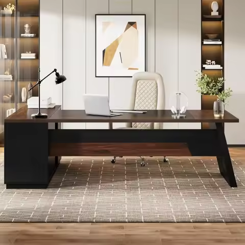 78 Inch L Shaped Executive Desk, Large Desk with Drawers and Side File Cabinets, Modern Home Office 