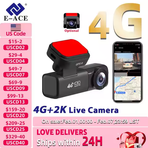 E-ACE 2K 4G Live Dashcam Optional1080P Rear Dual Cam Record GPS Remote Monitor APP Control Cloud Sto