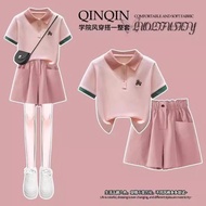 Girls Casual Suits Preppy Style OO Shirts Girls Summer Shorts Two Sets Trendy#女童休闲套装学院风OO衫女孩夏装短裤两套潮