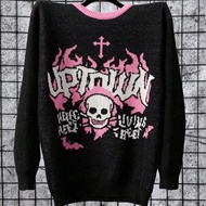 Men's Letter & Skull Graphic Colorblock Crew Neck Long Sleeve Pullover Sweater Black Graphic Hoodie 