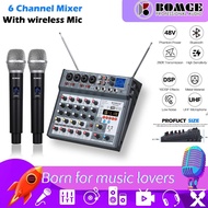 BOMGE 6ช่องเสียงแผงดีเจ Mixer การ์ดเสียง2ยูเฮชเอฟไมโครโฟนไร้สาย HMP3 USB บลูทูธ48V Phantom สำหรับสตู