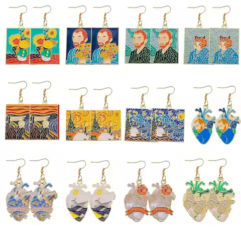 New Starry Night Sunflower Earrings Van Gogh Butterfly Ocean Pattern Dropping Oil Earring Jewelry fo