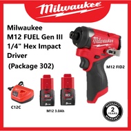 Battery Cordless Impact Driver Milwaukee Fuel M12 FID2 Fuel GEN III GEN 3 1/4" Hex Impact Driver 3.0