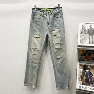 R RGKI Drew Jeans Smiley Face Distressed Ripped American Men's Trousers Wide-Leg Loose Ripped Distre