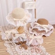 Family Style Sunscreen Girl Princess Hat Summer Large Eaves Lace Bow Straw Kids Hat + Sling Bag