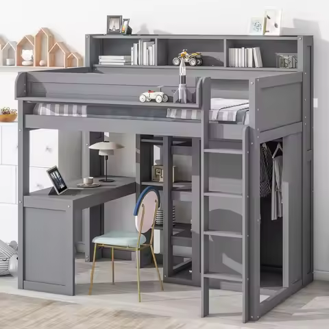 Twin Loft Bed.Twin Size Loft Bed with Wardrobe, Desk and Multiple Storage Shelves, Solid Wood Loft B