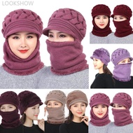 LOOKSHOW Women Winter Windproof Beanies Scarf Cap Cycling Outdoor Warm Woolen Thickening Velvet Hat 