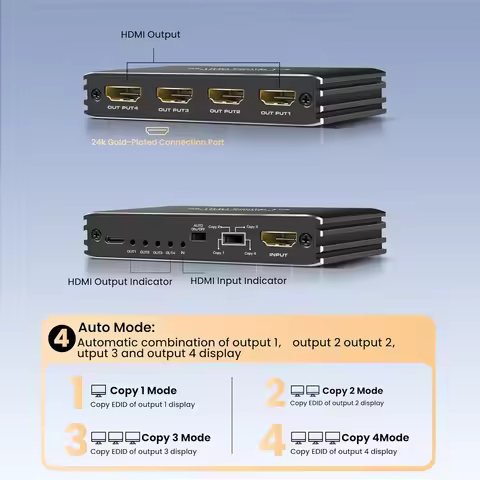 Navceker 4K 240Hz HDMI Splitter 1 Input 4 Outputs 8K 60Hz HDMI Adapter One to 2 4 HD Video Switcher 