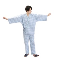 日本 和服 格子 作務衣 日式 休閒 室內服 睡衣 男女通用 藍色