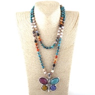 New ! 108 Beads Mala Multi Stone Knotted Butterfly Charm Pendant Necklace Women Meditation Yoga Neck