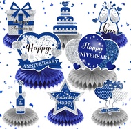8Pcs Happy Wedding Anniversary Decorations Blue Silver Anniversary Table Honeycomb Centerpiece Anniv