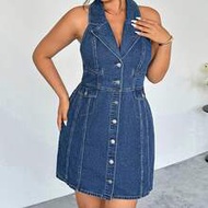 Plus Size Summer Fashion Front Button Flat Collar Sleeveless Denim Dress,Summer Outfit For Women,Fes