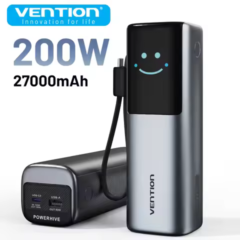 Vention Power Bank 27000mAh 200W PD Fast Charger with Built-in USB-C Cable External Spare Battery Po