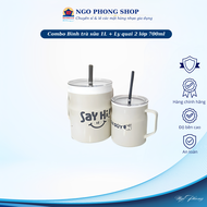 (Combo) Bình trà sữa 1L + Ly quai 2 lớp 700ml Tân Lập Thành. Kiểu dáng trẻ trung kèm ống hút.
