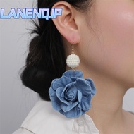 LANENQJP Blue Rose Earrings, Denims Exaggerate Denim Blue Fabric Earrings, Ornament Handmade Flower 