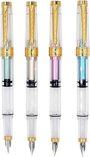Ranvi 4 PCS Wing Sung 3008 Piston Fountain Pen EF Extra Fine Nib,Transparent Diversity Color Gold Tr