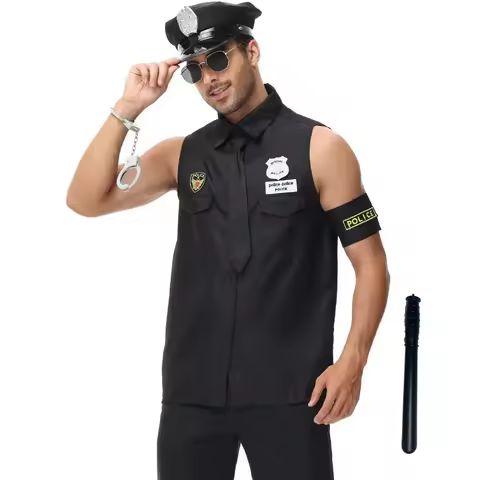 Adult Man America U.S. Police Costume Top Shirt Men Cop Cosplay Halloween Clothing Set
