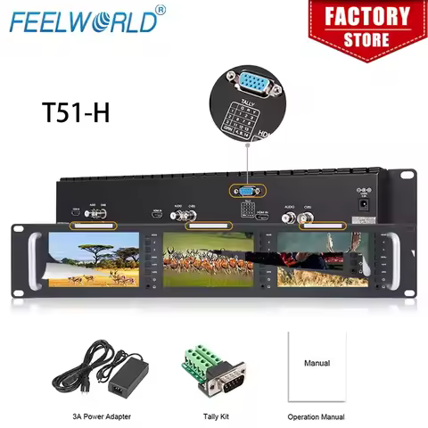 Feelworld T51-H Monitor Triple 5" 2RU 800x480 Broadcast Rack Mount Monitor HD MI AV Input Output Tri