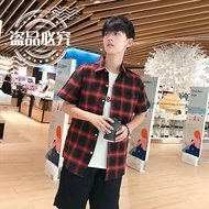READY STOCKðŸ”¥ baju kemeja kotak-kotak lengan pendek lelaki Trend Korea Longgar gaya Hong Kong kasu