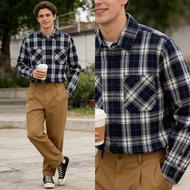 OKOMKWO Casual Heavyweight Plaid Shirt Ami Kaki Long Sleeve Men's Shirt