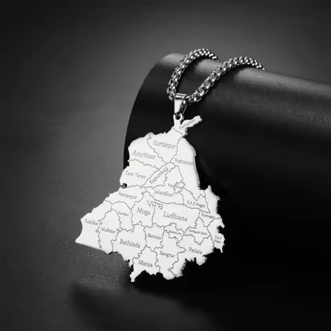 EUEAVAN India Punjab State Map Pendant Necklace for Man Stainless Steel Box Chain Geography Country 
