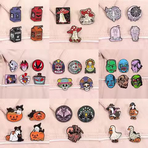 2-6pcs/set Halloween Horror Movies Enamel Pins Skeleton Ghost Bride Killer Monster Spooky Animal Bro