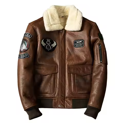 Military A2 Pilot Bomber Genuine Leather Jacket Men Vintage Air Force Flight Wool Collar Sheepskin C