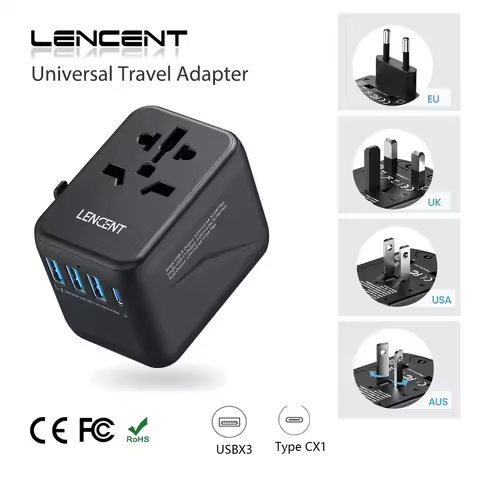 LENCENT 5-in1 Universal Travel Adapter Travel Charger with 3 USB-A+ 1Type-C All-in-One Travel Adapte