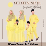 Baju Raya Sedondon Tema Warna Soft Yellow (Kuning Cair) Set Family Ayah Ibu Anak Baju Kurung Baju Me