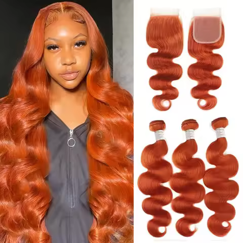 #350 Ginger Body Wave Human Hair Bundles With Closure 4x4 Transparent Swiss Lace Brazilian 100% Huma