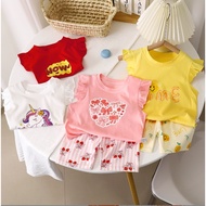 [Girls' Set] Short-Sleeved Ruffled Shirt + Shorts Size 73-130 1-6 Years Old Cute Pattern 1 Cotton Fa