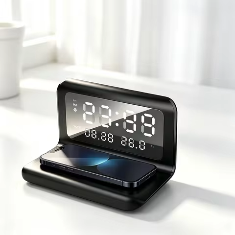 30W Wireless Charger Stand with Alarm Clock & Thermometer | Compatible with iPhone 17-11/X, SamsungS
