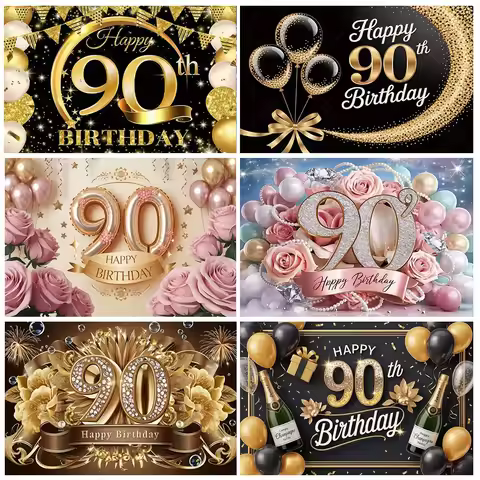 Happy 90th Birthday Background Banner 90th Birthday Party Decorations Glitter Backdrop Supplies Gold