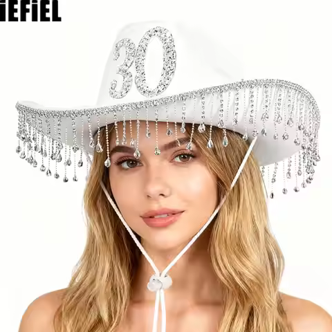 Women Western Cowgirl Hat Glitter Rhinestone Tassel Decor Cowboy Hat for Birthday 30 Years Old