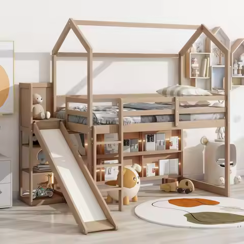 Twin House Loft Bed with Slide for Kids, Solid Wood Loft Bed Frame with LED Light & Storage Shelves,